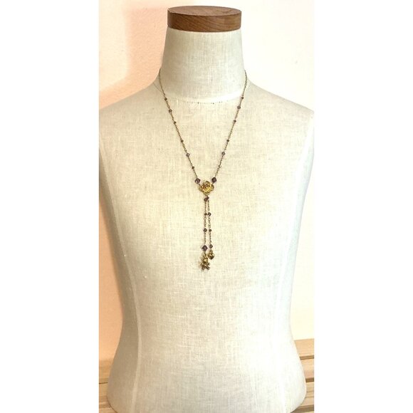 Gold 14Kt GF tone Lariat Necklace With Purple Beads and Heart Charm - Picture 4 of 5